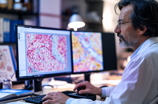 Clinician reviewing digital pathology results